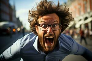 a man with glasses and a blue shirt is running in the street generative ai photo