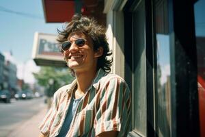 un hombre con Gafas de sol y un a rayas camisa sentado en frente de un ventana generativo ai foto