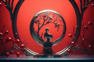 a metal sculpture with cherries and a tree in the middle of it generative ai photo