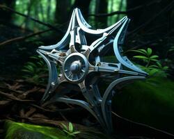 un metal estrella conformado objeto en el medio de el bosque generativo ai foto