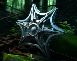 a metal star shaped object in the middle of the forest generative ai photo