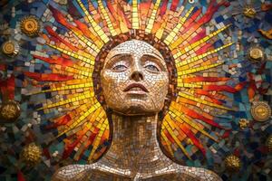 a mosaic image of a womans face with sun rays coming out of it generative ai photo