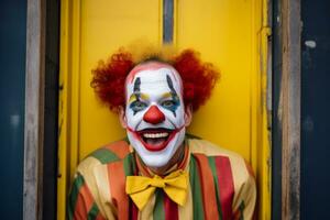 un hombre con rojo pelo y un payaso cara es en pie en frente de un amarillo puerta generativo ai foto