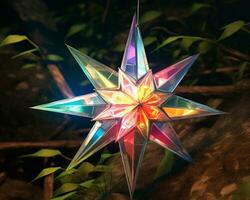 a multi - colored star hanging from a tree generative ai photo