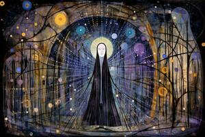 a painting of a woman in a black dress surrounded by trees and stars generative ai photo