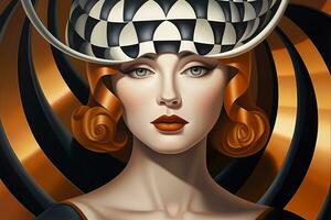 a painting of a woman wearing a hat with a black and white checkered pattern generative ai photo