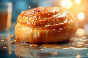 a pastry is sitting on a plate with syrup on it generative ai photo