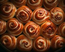 a pan full of buns that have been decorated with frosting generative ai photo