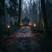 un camino Guías a un Kiosko en el bosque a noche generativo ai foto