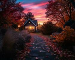 a path leading to a house in the fall generative ai photo