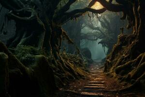 a path through a forest with trees and moss generative ai photo