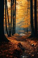 a path through the woods in the fall with leaves on the ground generative ai photo