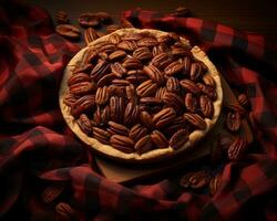 a pecan pie on a red and black checkered cloth generative ai photo