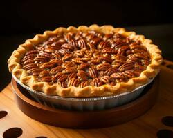 a pecan pie sits on top of a wooden tray generative ai photo