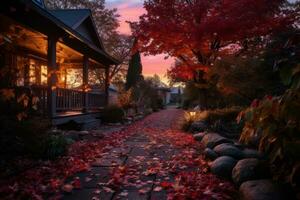 a pathway leading to a house with autumn leaves on the ground generative ai photo