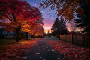 un ruta líder a un árbol forrado calle a puesta de sol generativo ai foto