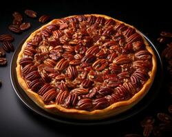 a pecan pie on a black plate with pecans scattered around it generative ai photo