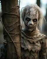 un persona vestido como un zombi es en pie siguiente a un árbol generativo ai foto