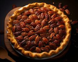 a pecan pie with pecans on top of a wooden cutting board generative ai photo