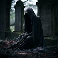 un persona en un negro capa sentado en el suelo en un cementerio generativo ai foto