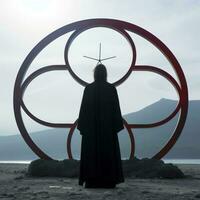 a person in a black robe standing in front of a large circular sculpture generative ai photo