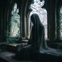 a person in a black cloak sitting on a window ledge generative ai photo