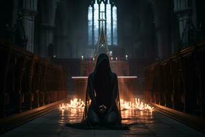 a person in a black robe sitting in front of a church generative ai photo