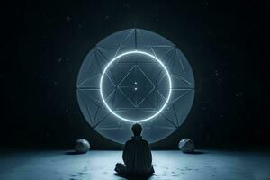 a person sitting in a lotus position in front of a glowing circle generative ai photo