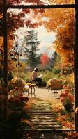 a person sitting in a chair reading a book in an autumn garden generative ai photo