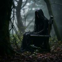 a person in a hood sitting on a bench in the woods generative ai photo
