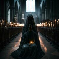 a person in a black robe sitting in front of candles generative ai photo