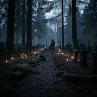 a person sitting in the middle of a graveyard with candles generative ai photo