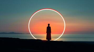 a person standing in front of a circle with the sun in the background generative ai photo