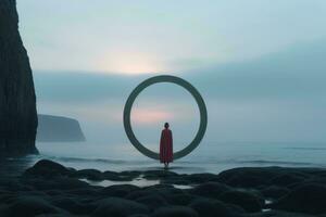 a person standing in front of a circular ring on the beach generative ai photo