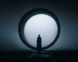 a person standing in front of a circular hole in the fog generative ai photo