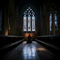 a person sitting on a bench inside of a church generative ai photo