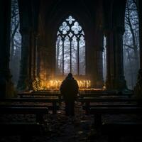 a person standing in front of a church at night generative ai photo