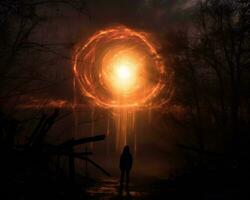 a person standing in front of a circle with fire coming out of it generative ai photo