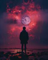 a person standing in front of a clock in the sky generative ai photo