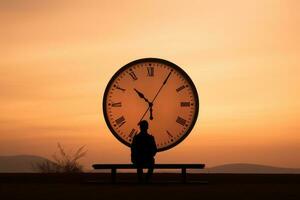 un persona sentado en un banco en frente de un grande reloj generativo ai foto