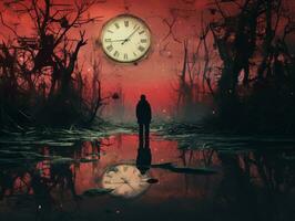 a person standing in front of a clock in the middle of a swamp generative ai photo