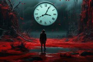 a person standing in front of a clock with blood on it generative ai photo