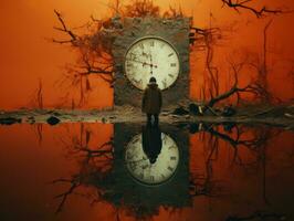 a person standing in front of a large clock generative ai photo