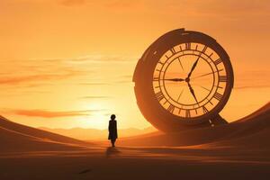 a person standing in front of a large clock in the desert generative ai photo