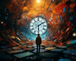 a person standing in front of a large clock generative ai photo