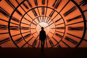 a person standing in front of a large clock generative ai photo