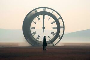 a person standing in front of a large clock generative ai photo