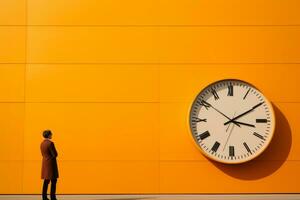 un persona en pie en frente de un grande reloj generativo ai foto