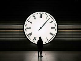 a person standing in front of a large clock generative ai photo