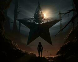 un persona en pie en frente de un grande estrella en el bosque generativo ai foto